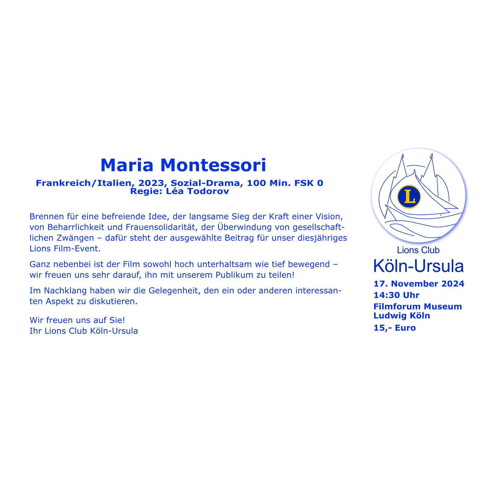 Lions Filmevent Maria Montessori 17.11.2024